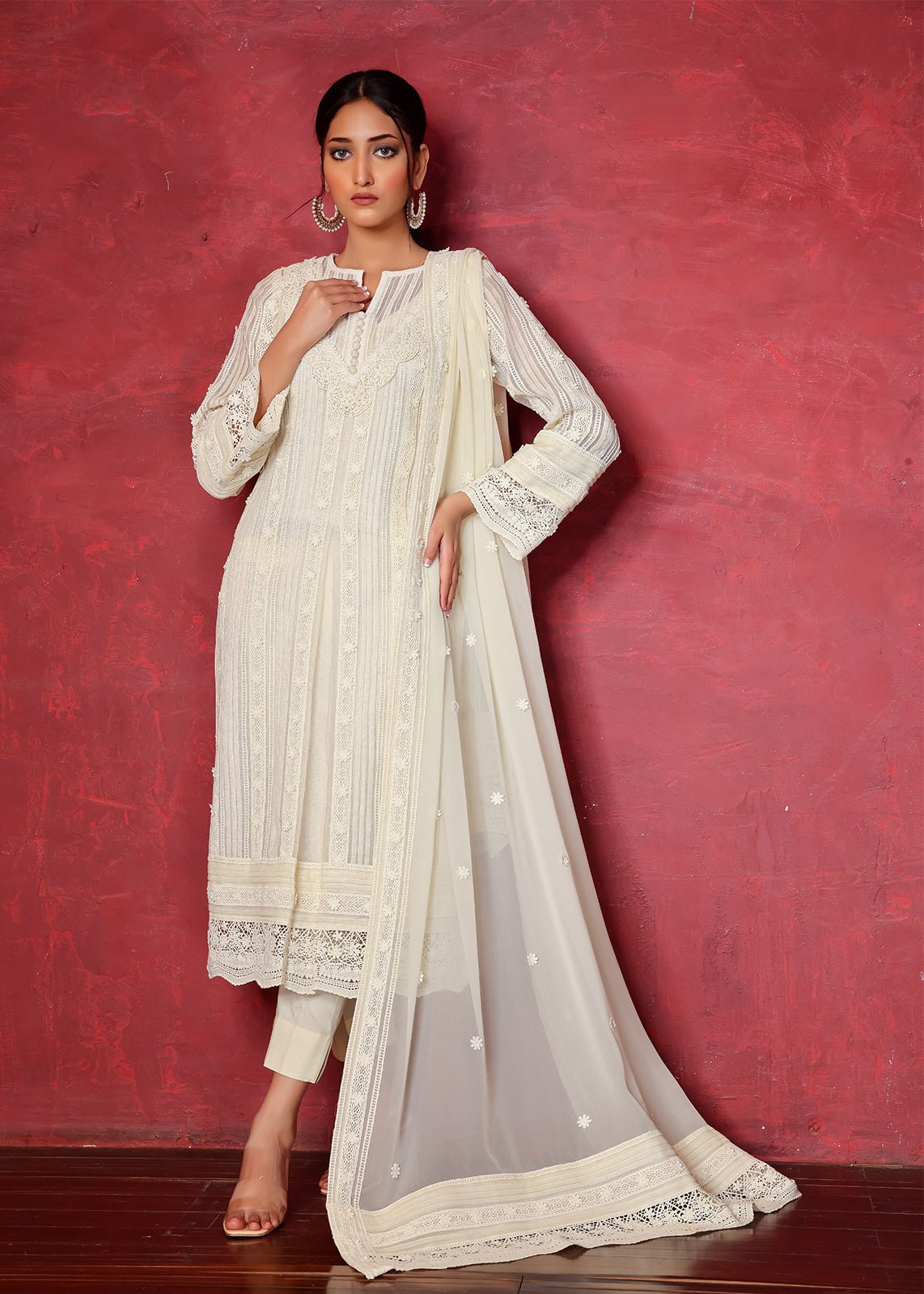 Pakistani Off-White Lace Work Cotton Net Salwar Kameez (3-Piece) - Image 1