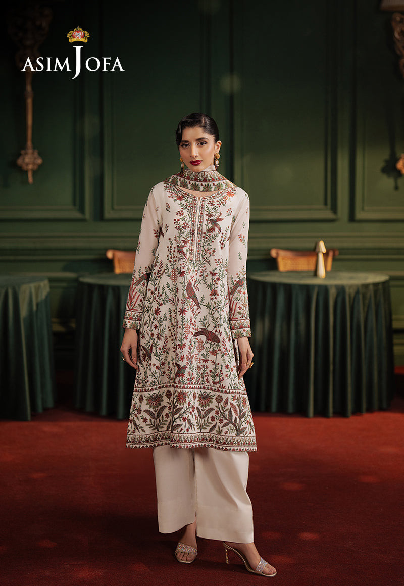 Off-White Embroidered Cotton Net Salwar Kameez (3-Piece) - Image 1