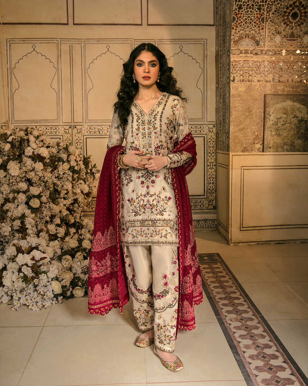 Pakistani Off White Embroidered Cotton Net Salwar Kameez (3-Piece) - Image 1