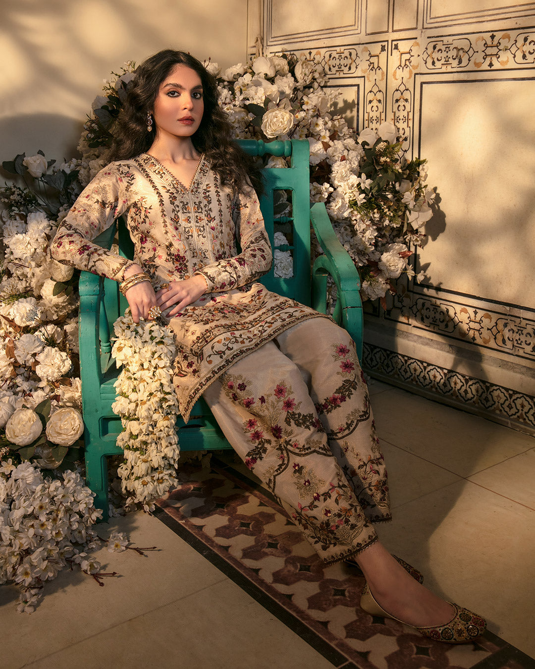 Pakistani Off White Embroidered Cotton Net Salwar Kameez (3-Piece) - Image 2