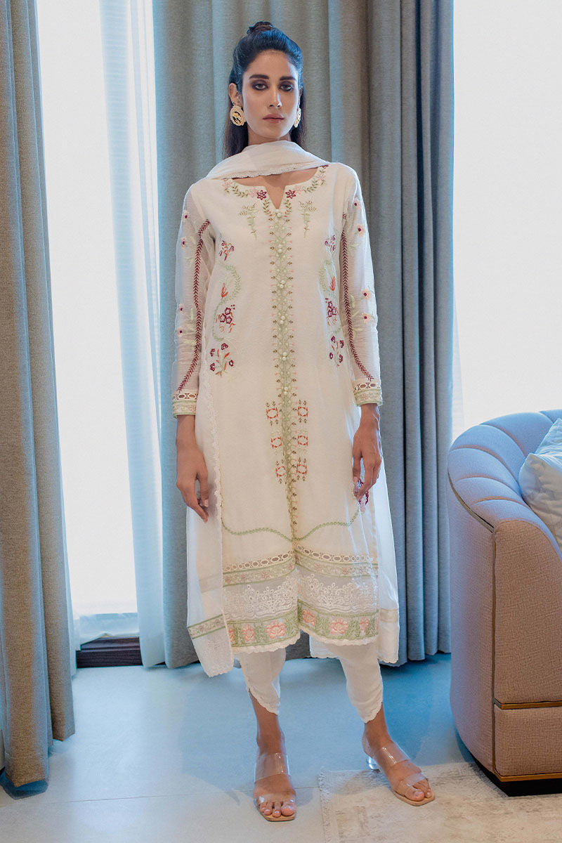Pakistani Ivory Embroidered Cotton Organza Salwar Kameez (3-Piece) - Image 1