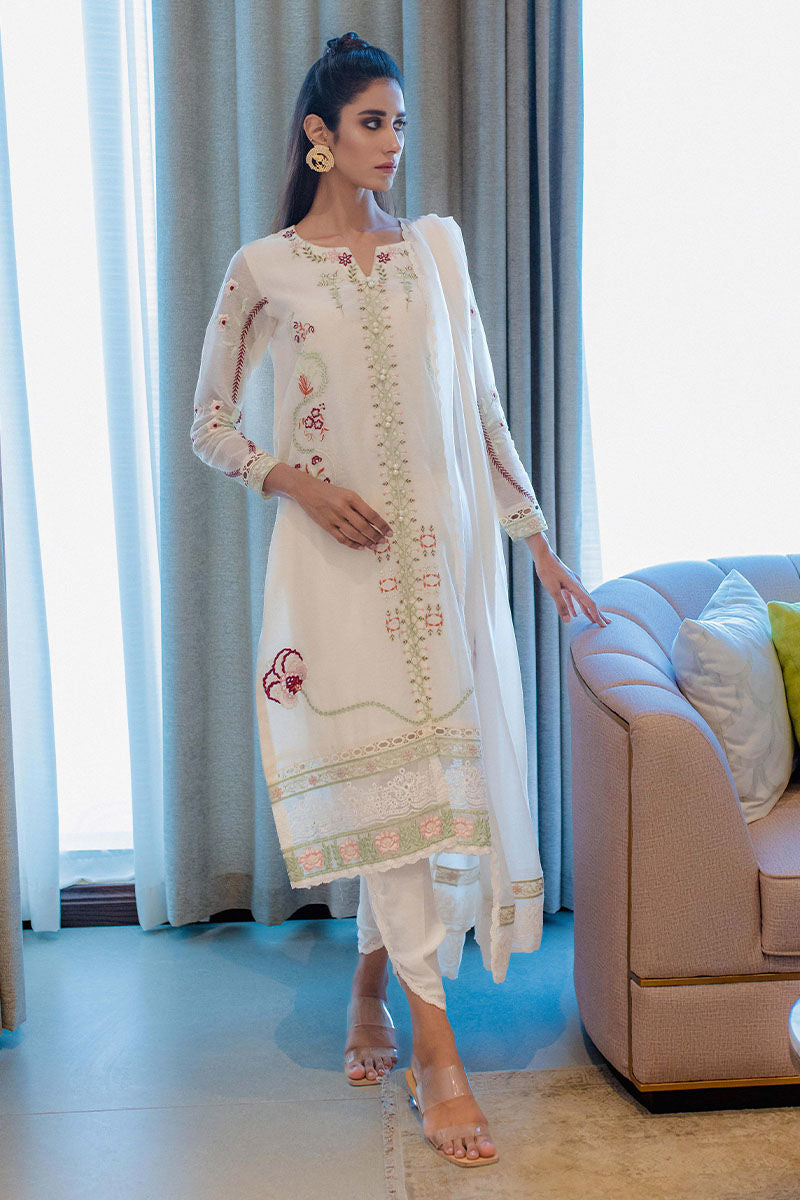 Pakistani Ivory Embroidered Cotton Organza Salwar Kameez (3-Piece) - Image 2