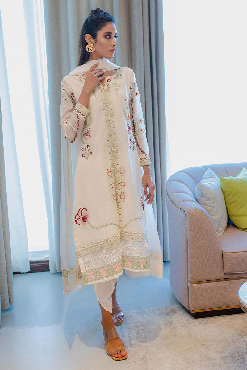 Pakistani Ivory Embroidered Cotton Organza Salwar Kameez (3-Piece) - Image 4