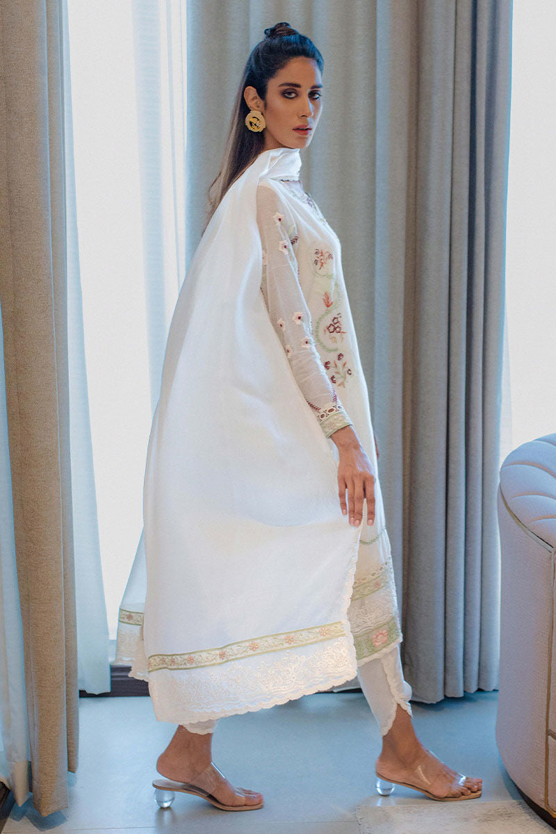 Pakistani Ivory Embroidered Cotton Organza Salwar Kameez (3-Piece) - Image 5