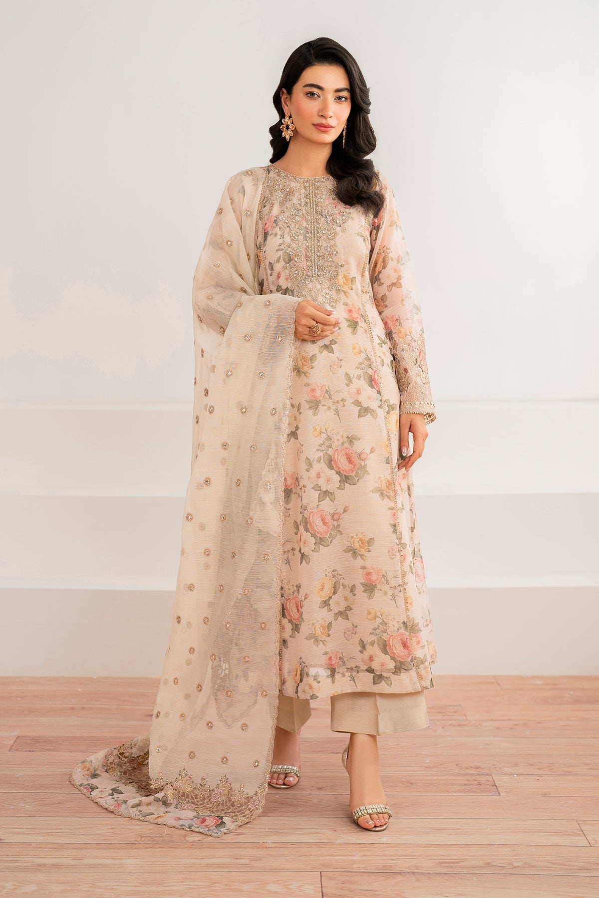 Ivory Floral Embroidered Cotton Patti Salwar Kameez (3-Piece) - Image 1