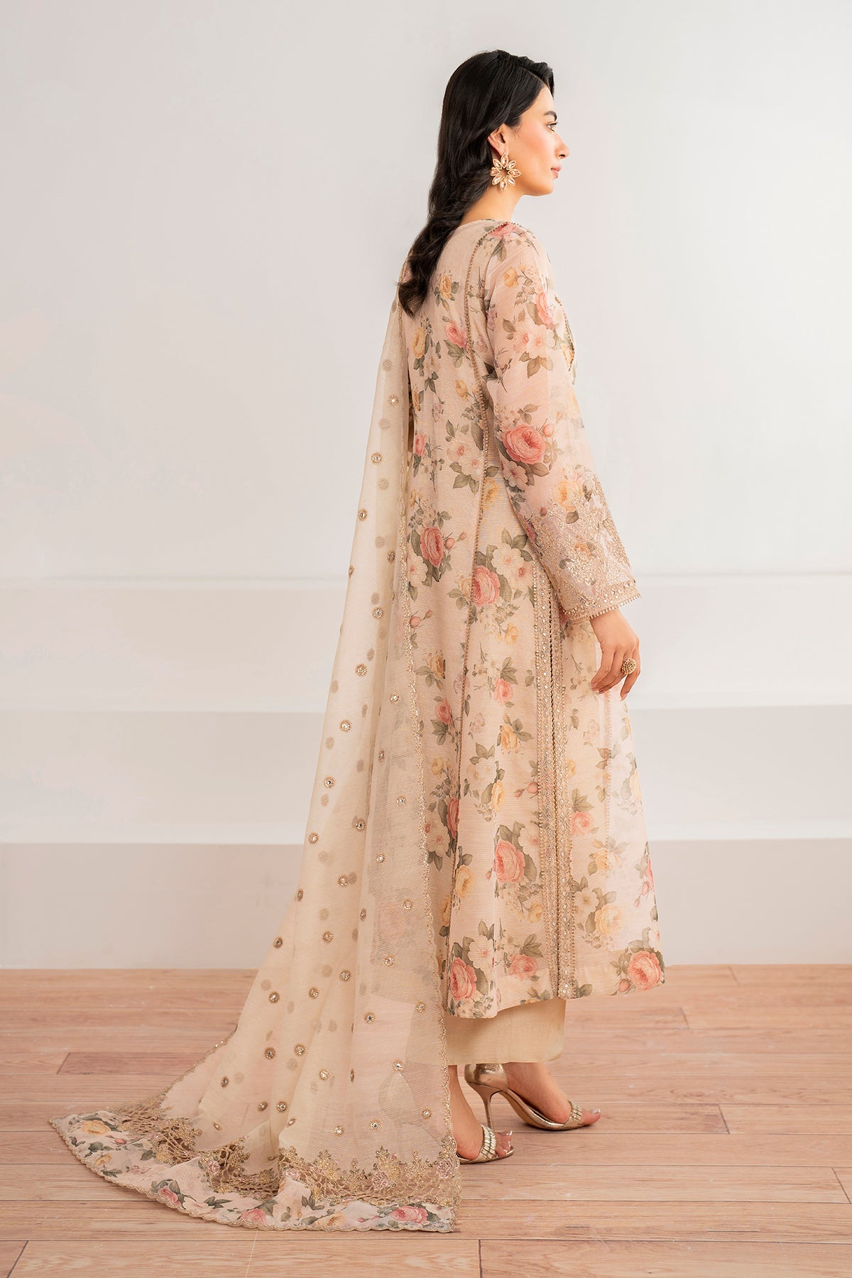 Ivory Floral Embroidered Cotton Patti Salwar Kameez (3-Piece) - Image 2