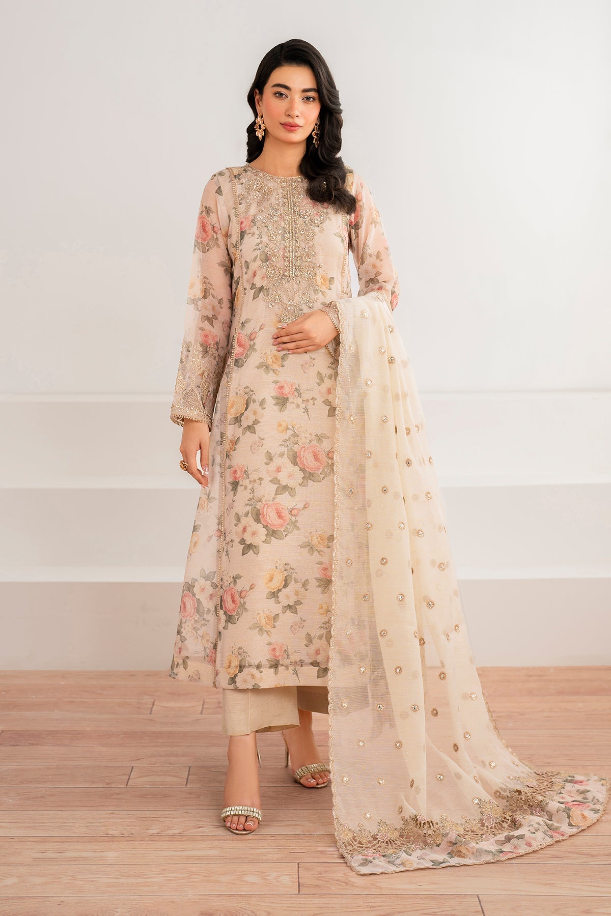 Ivory Floral Embroidered Cotton Patti Salwar Kameez (3-Piece) - Image 3
