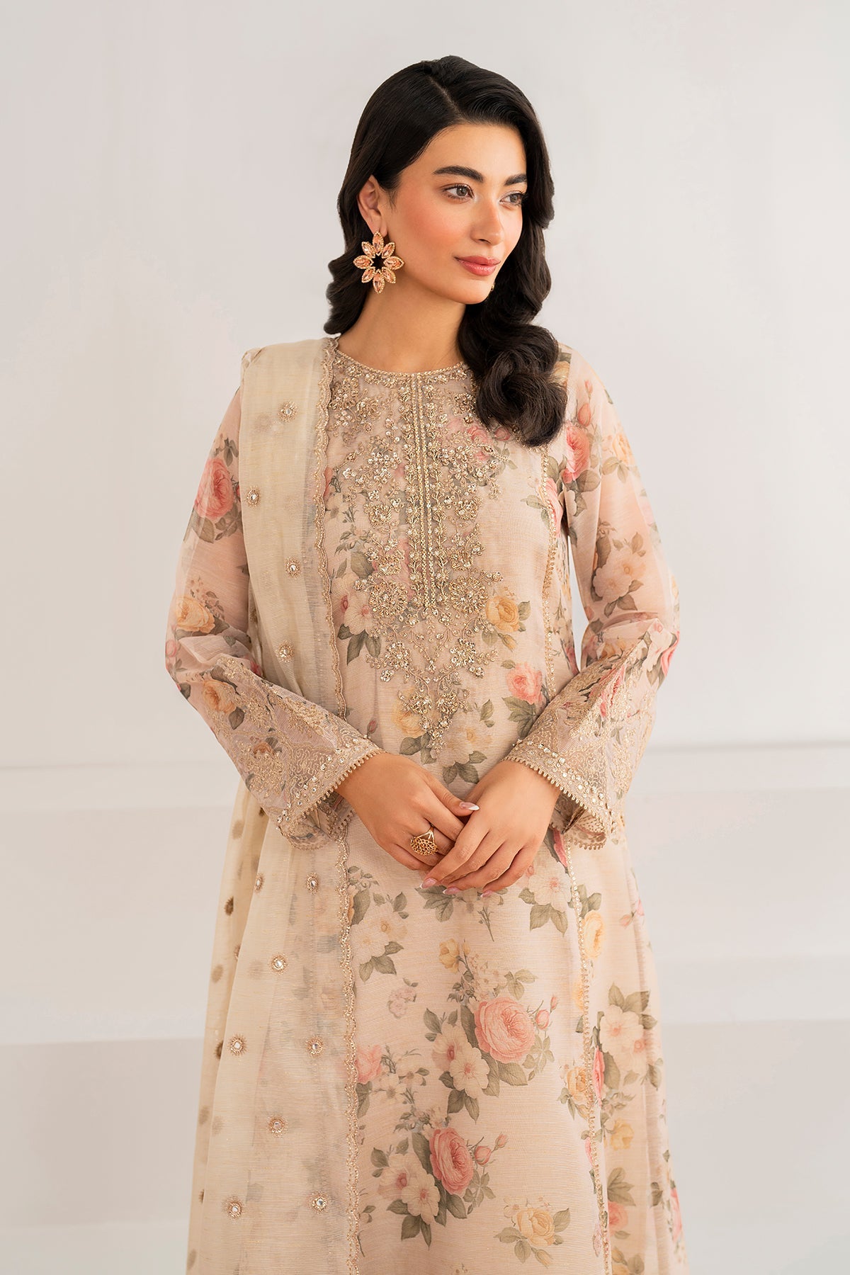 Ivory Floral Embroidered Cotton Patti Salwar Kameez (3-Piece) - Image 4