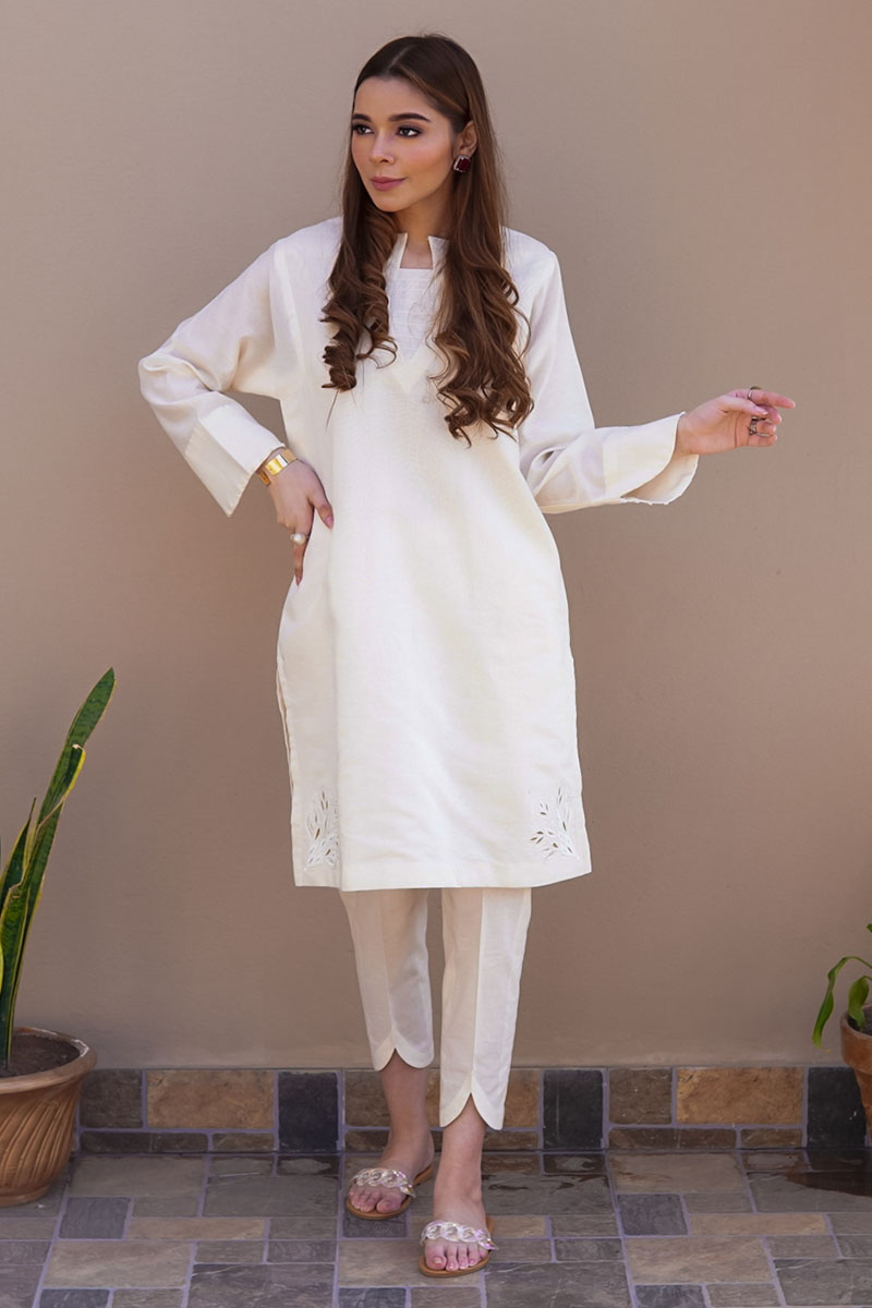Ivory Cutwork Embroidered Cotton Silk Shirt (2-Piece) - Image 1