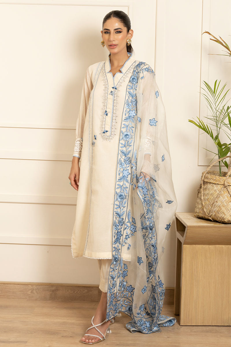 Ivory Floral Embroidered Cotton-Silk Salwar Kameez (3-Piece) - Image 1