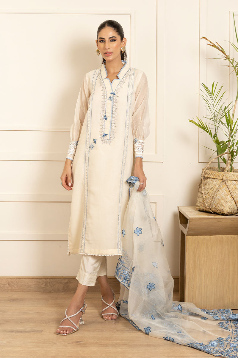 Ivory Floral Embroidered Cotton-Silk Salwar Kameez (3-Piece) - Image 2