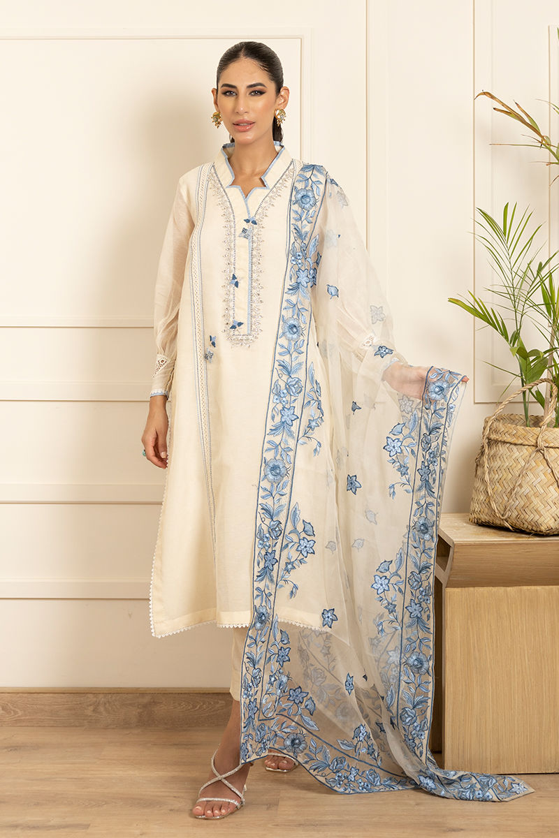 Ivory Floral Embroidered Cotton-Silk Salwar Kameez (3-Piece) - Image 3