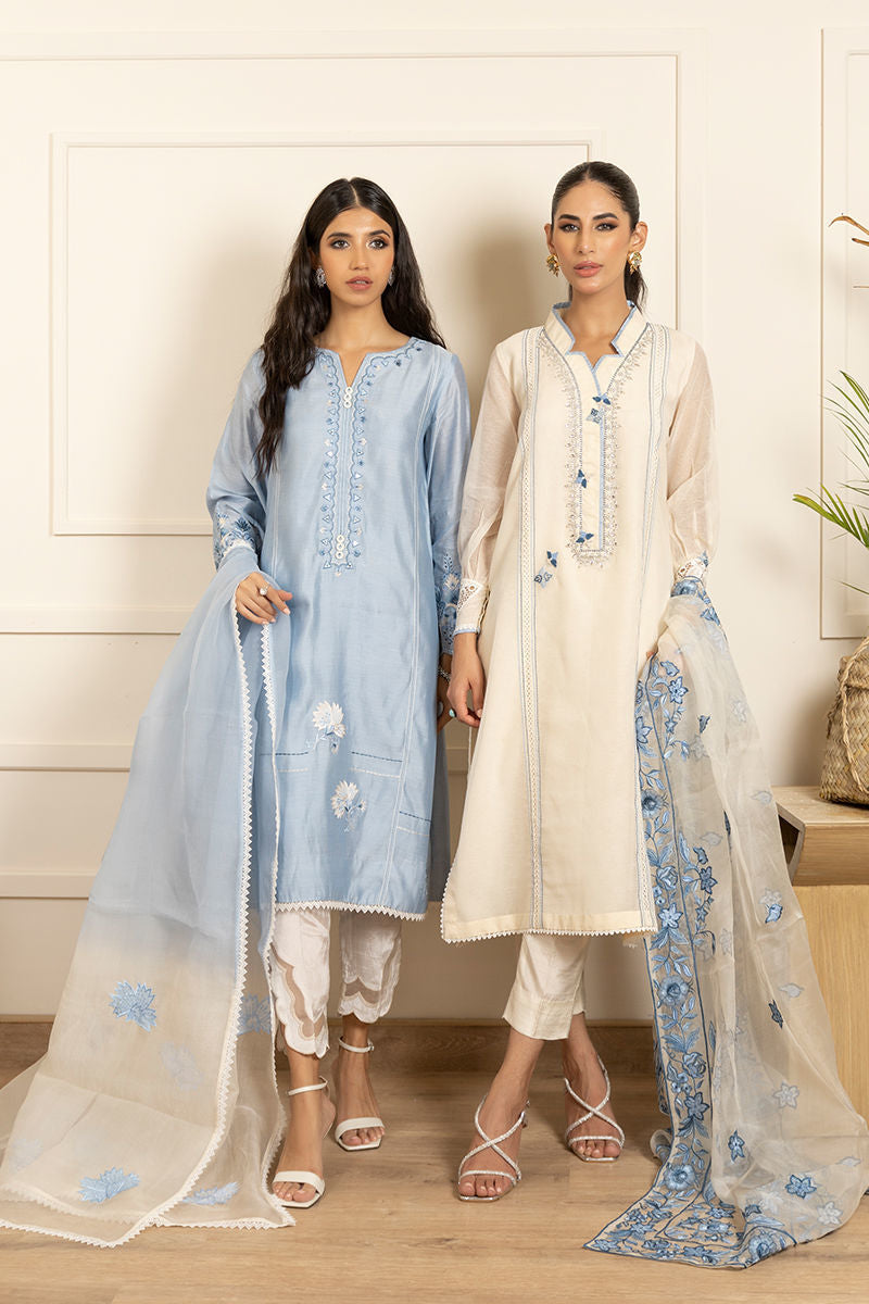 Ivory Floral Embroidered Cotton-Silk Salwar Kameez (3-Piece) - Image 4