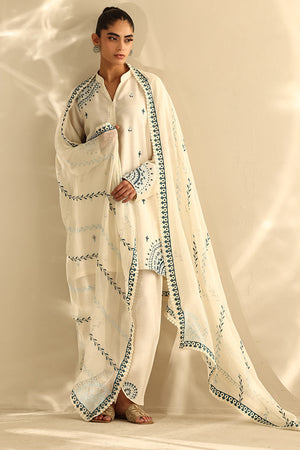 Pakistani Ivory Embroidered Cotton Silk Salwar Kameez (3-Piece) - Image 1