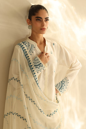 Pakistani Ivory Embroidered Cotton Silk Salwar Kameez (3-Piece) - Image 3