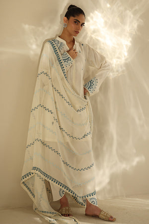 Pakistani Ivory Embroidered Cotton Silk Salwar Kameez (3-Piece) - Image 4