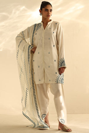 Pakistani Ivory Embroidered Cotton Silk Salwar Kameez (3-Piece) - Image 5