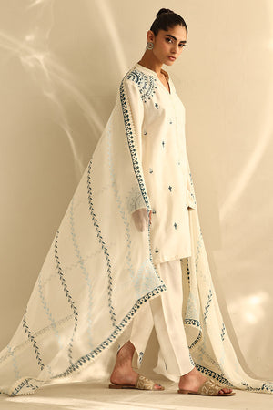 Pakistani Ivory Embroidered Cotton Silk Salwar Kameez (3-Piece) - Image 6