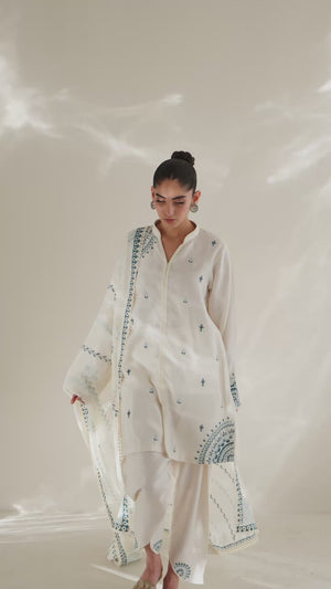 Pakistani Ivory Embroidered Cotton Silk Salwar Kameez (3-Piece) - Image 8