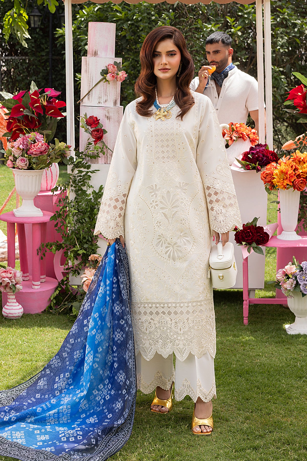 Pakistani Off-White Embroidered Cotton Salwar Kameez (3-Piece) - Image 1