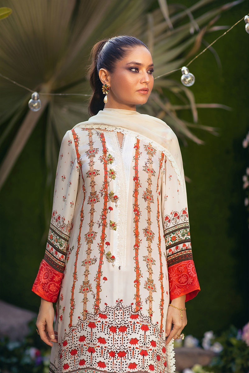 Off-White & Tangerine Embroidered Silk Salwar Kameez (2-Piece) - Image 2