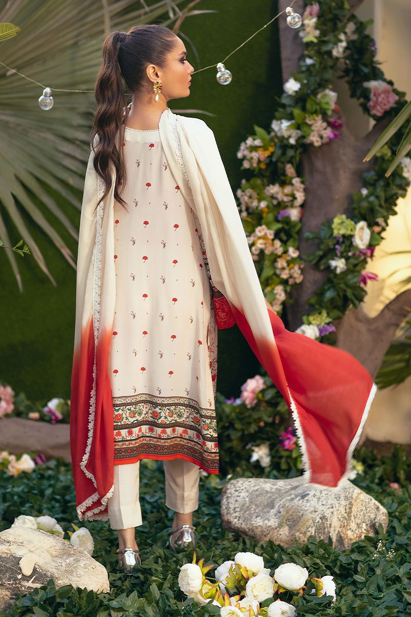 Off-White & Tangerine Embroidered Silk Salwar Kameez (2-Piece) - Image 3