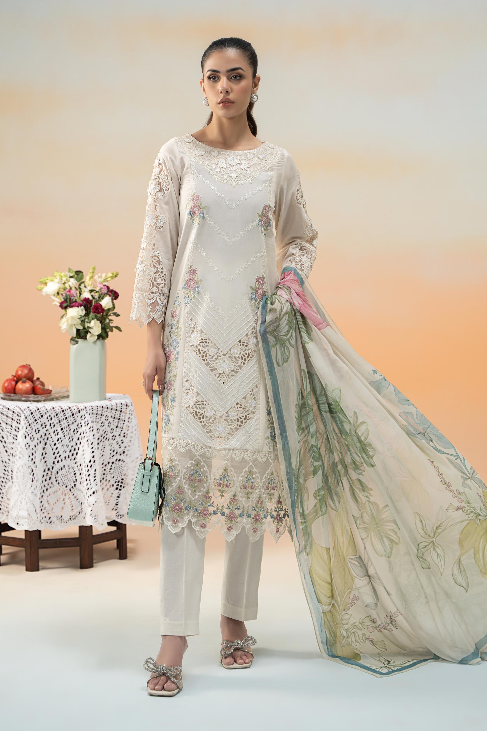 Pakistani Off-White Embroidered Dobby Lawn 3-Piece Suit - Image 2