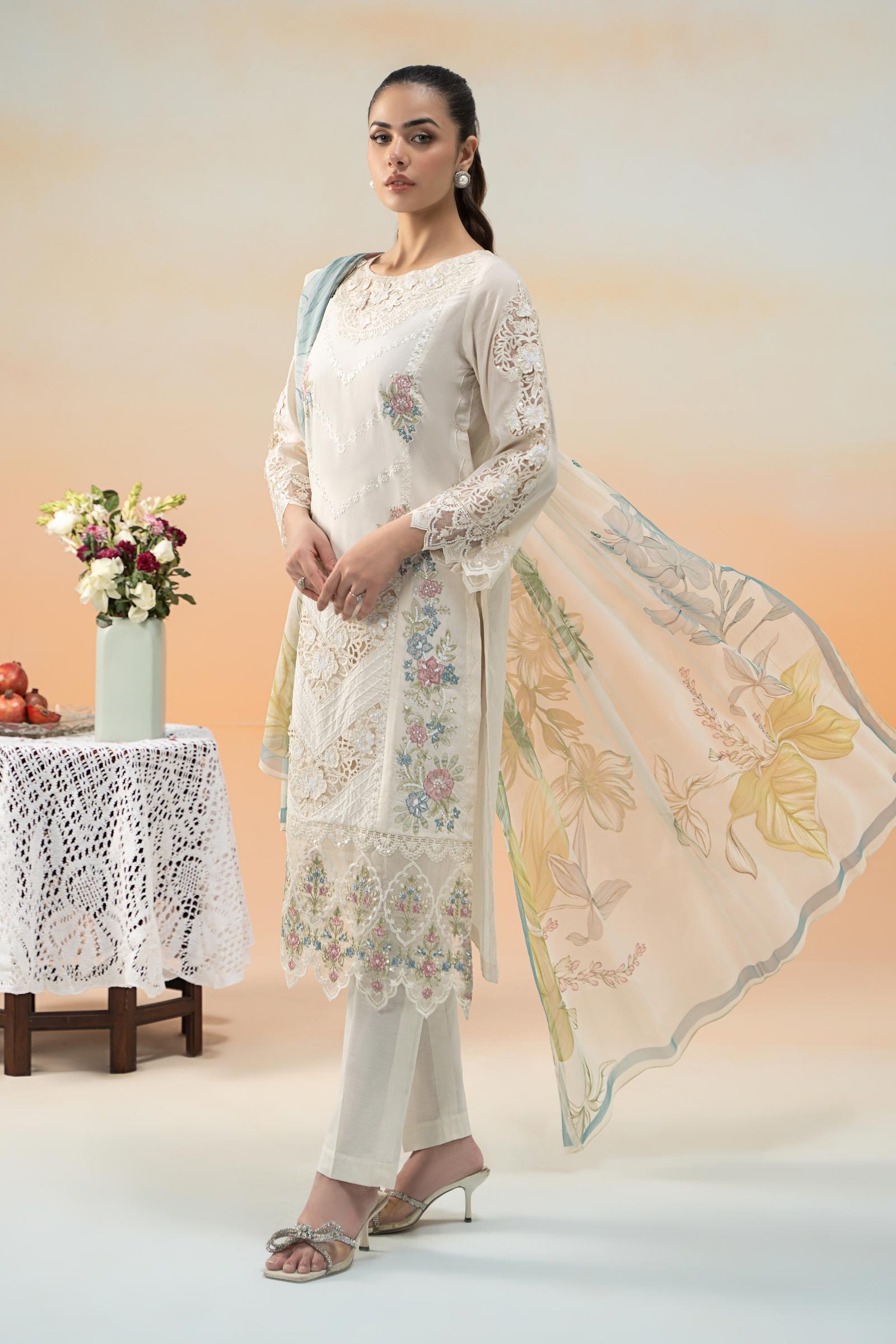 Pakistani Off-White Embroidered Dobby Lawn 3-Piece Suit - Image 5