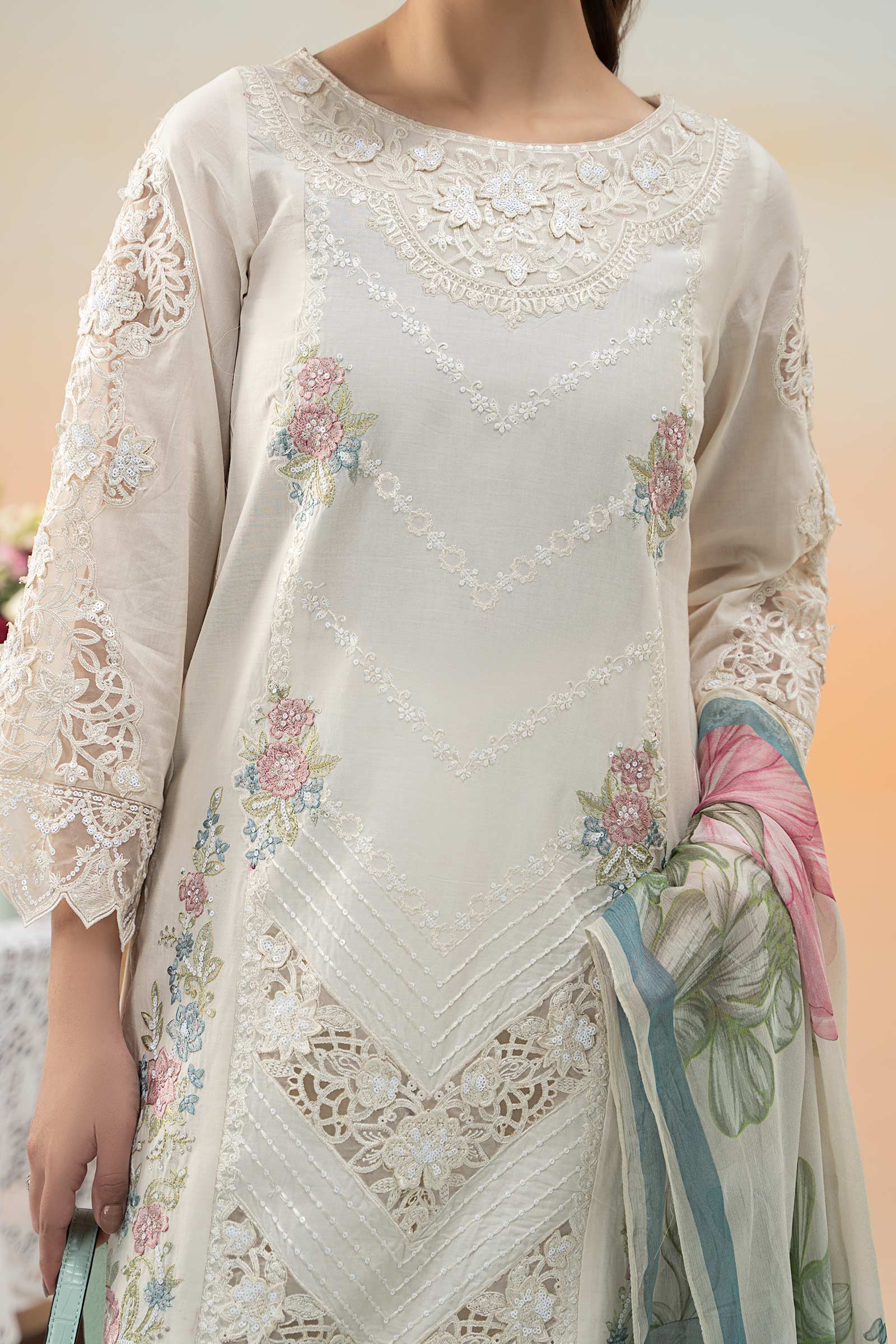 Pakistani Off-White Embroidered Dobby Lawn 3-Piece Suit - Image 6