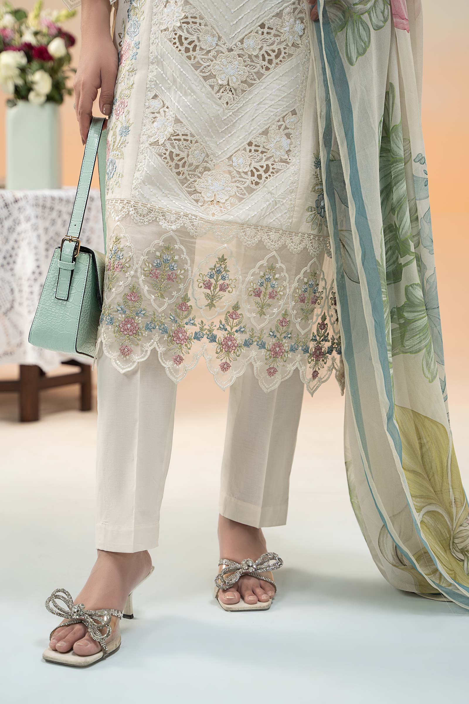 Pakistani Off-White Embroidered Dobby Lawn 3-Piece Suit - Image 7