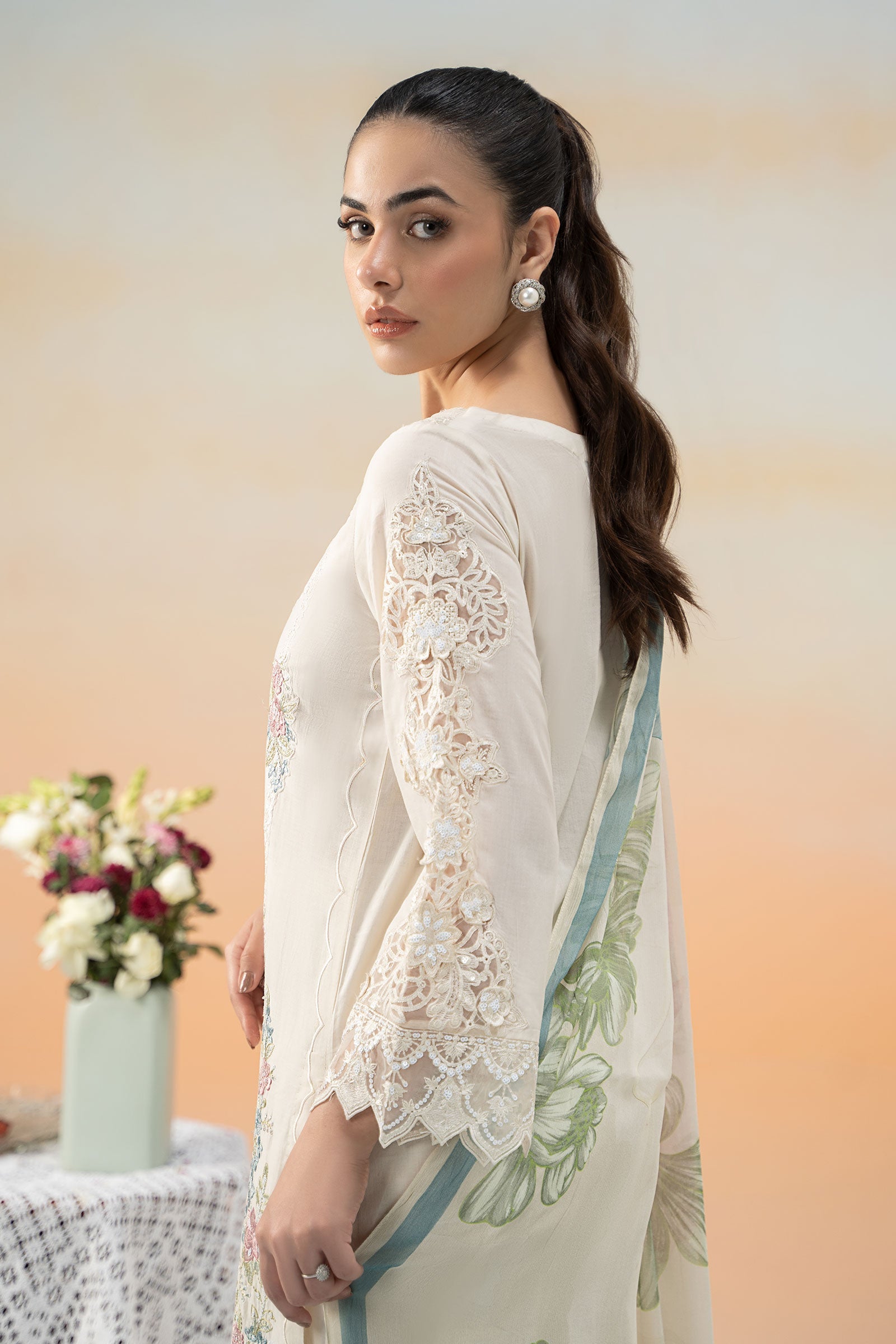 Pakistani Off-White Embroidered Dobby Lawn 3-Piece Suit - Image 8
