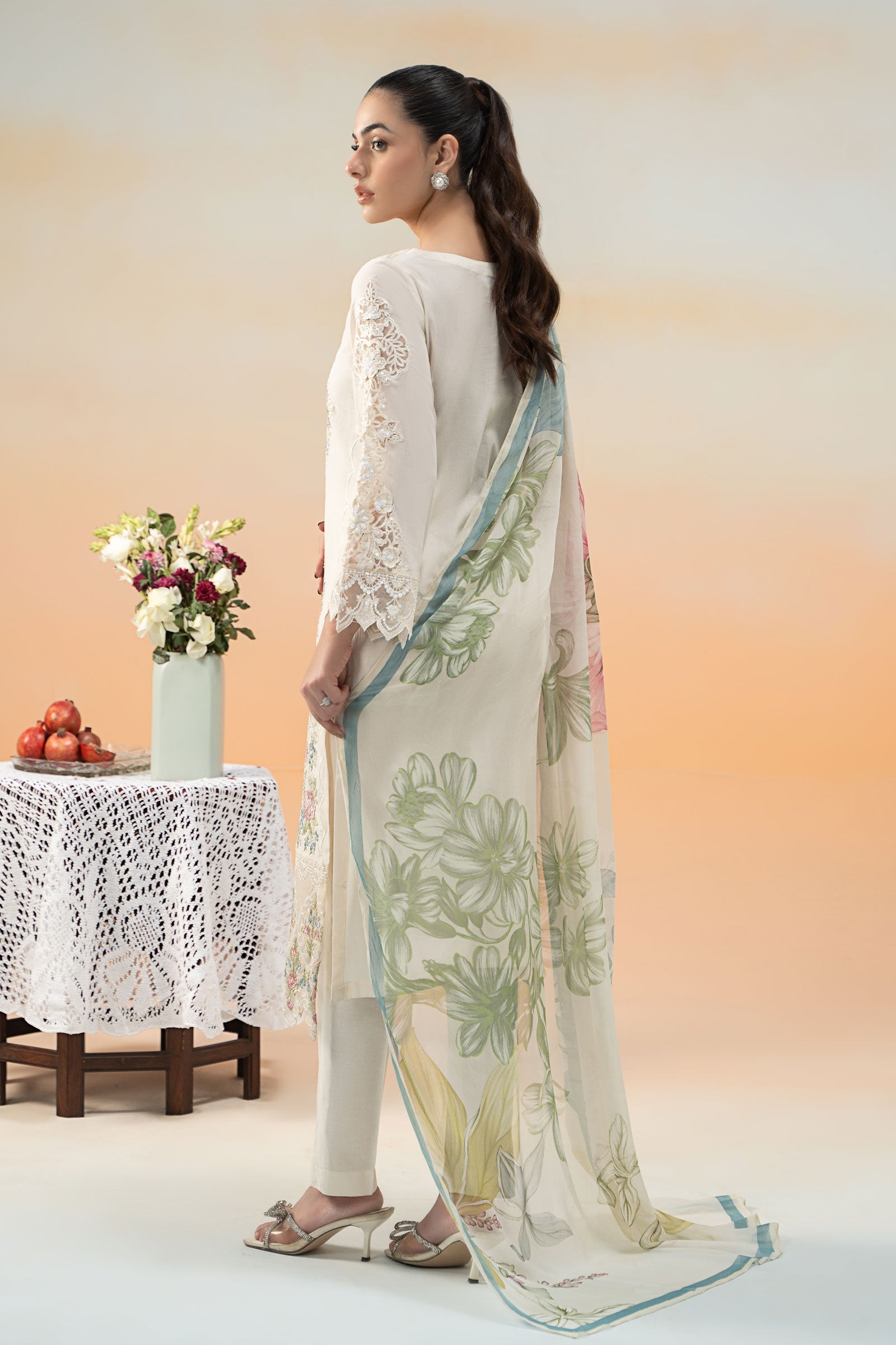 Pakistani Off-White Embroidered Dobby Lawn 3-Piece Suit - Image 9
