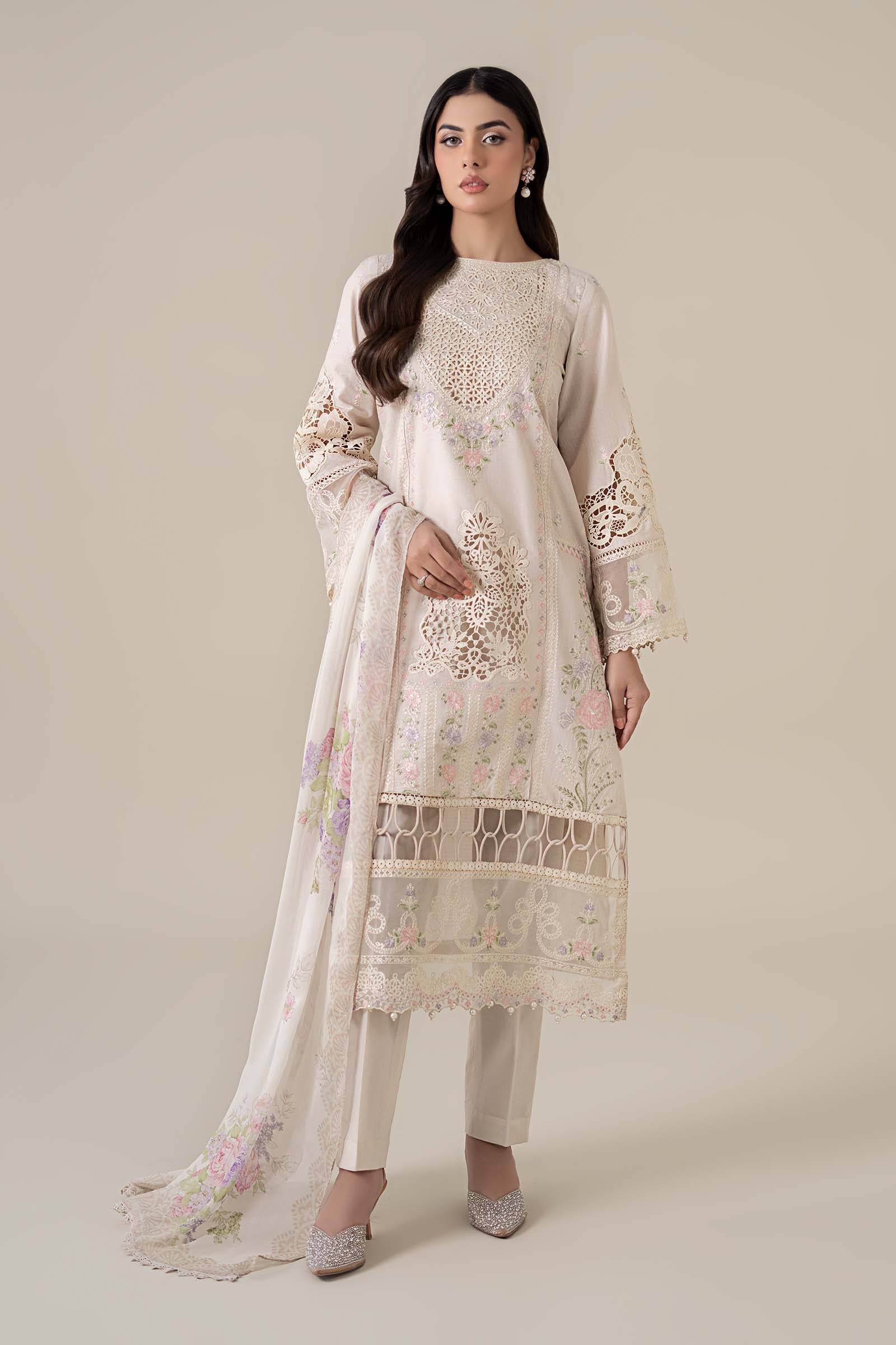 Pakistani Off-White Embroidered Dobby Lawn Salwar Kameez (3-Piece) - Image 1