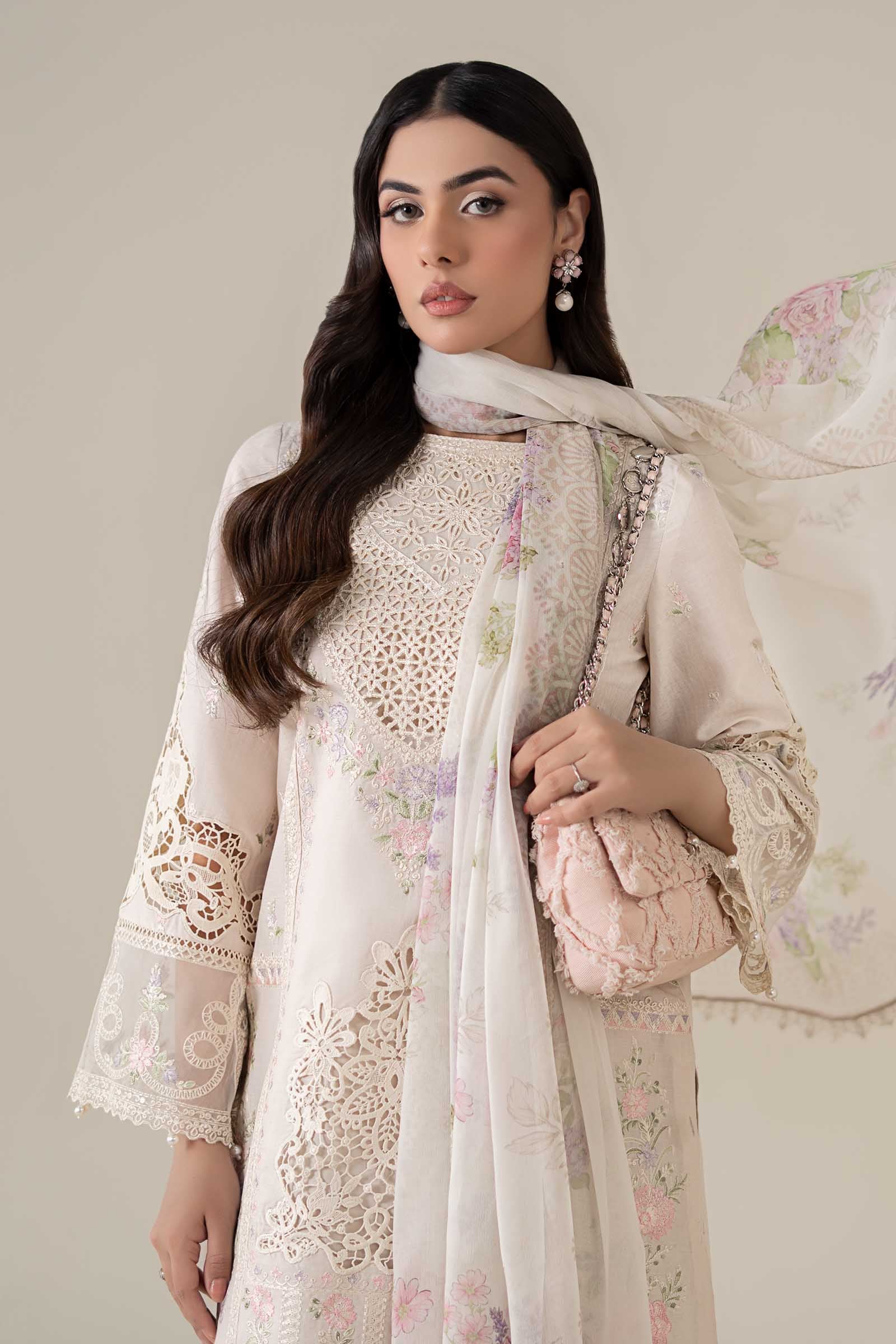 Pakistani Off-White Embroidered Dobby Lawn Salwar Kameez (3-Piece) - Image 2