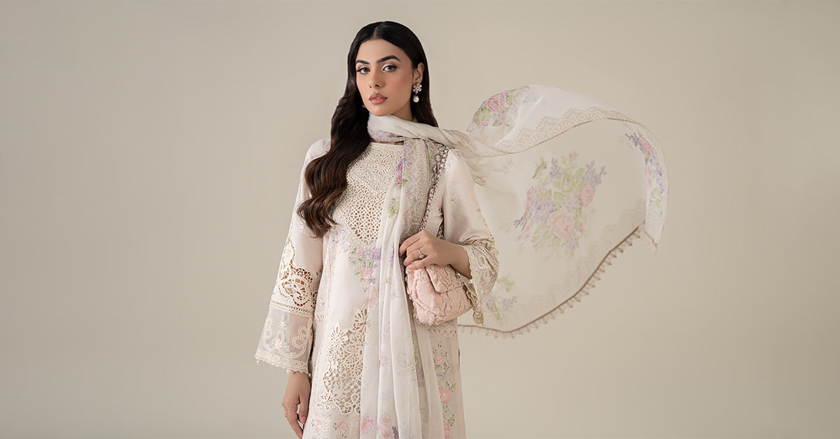 Pakistani Off-White Embroidered Dobby Lawn Salwar Kameez (3-Piece) - Image 5