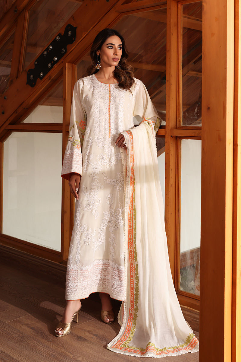 Pakistani Off-White Embroidered Georgette Long Shirt (2-Piece) - Image 1
