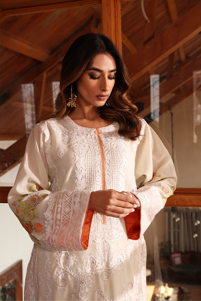 Pakistani Off-White Embroidered Georgette Long Shirt (2-Piece) - Image 4