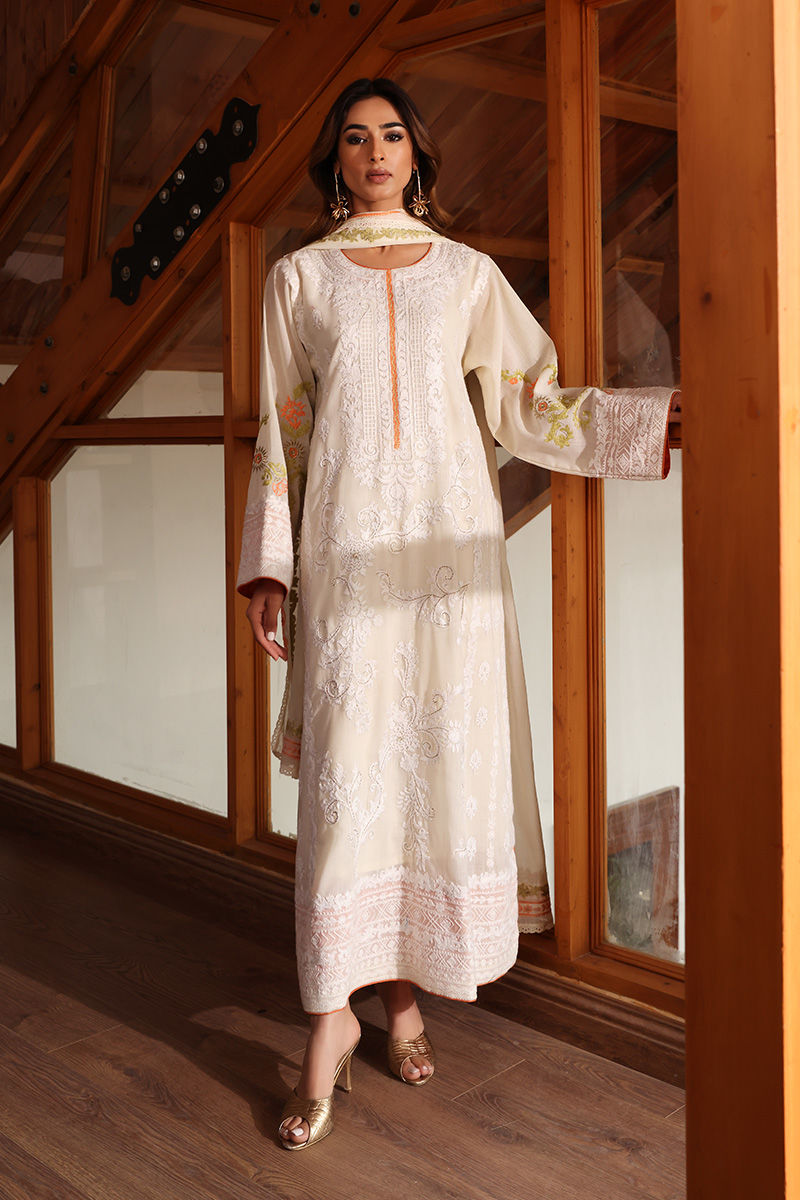 Pakistani Off-White Embroidered Georgette Long Shirt (2-Piece) - Image 5