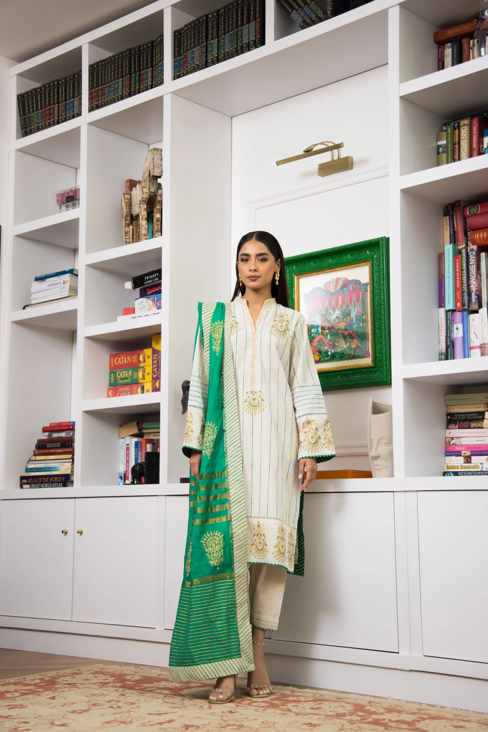 Off-White Block Printed Irish Linen Kurta Set (3-Piece) - Image 2