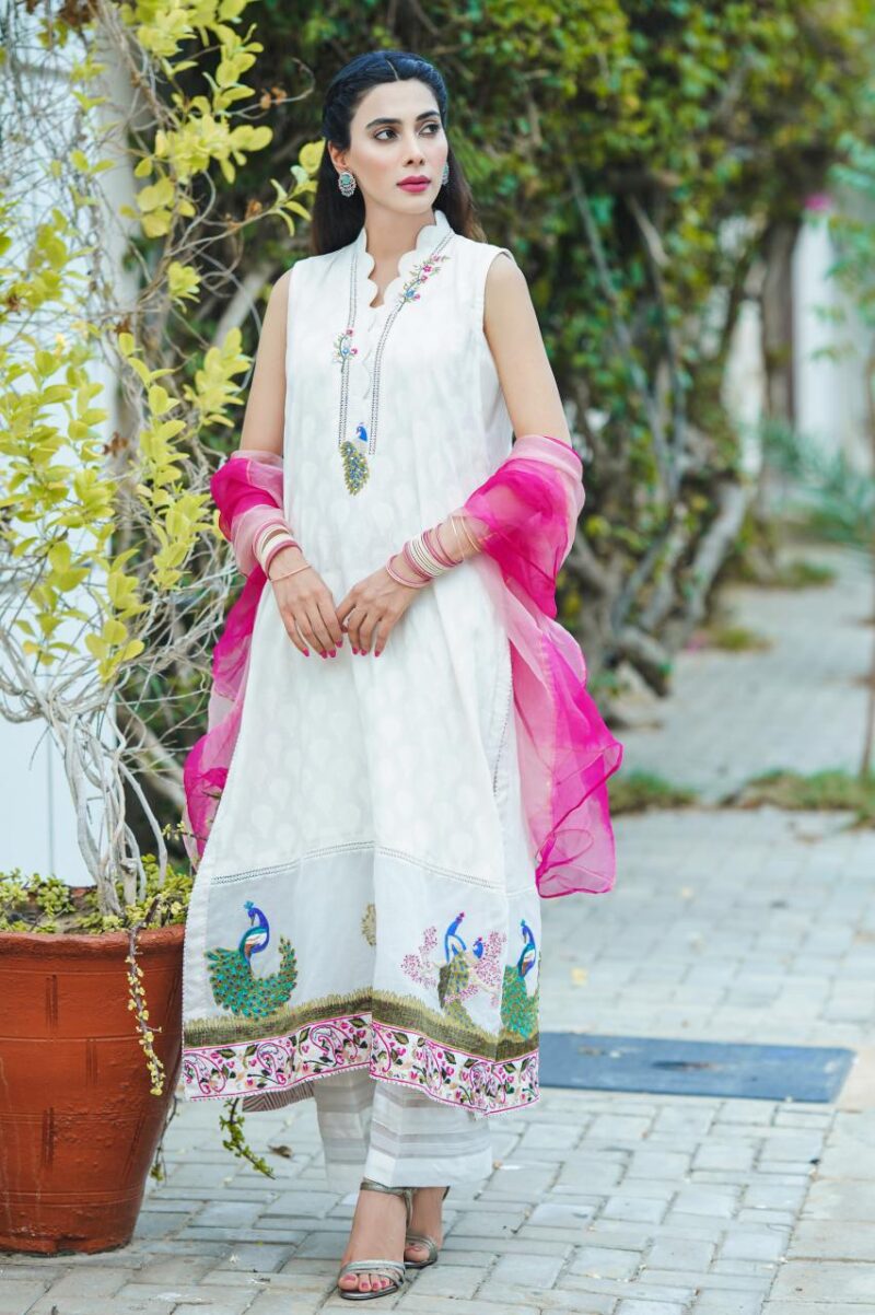 Off-White Embroidered Long Shirt 3-Piece - Image 1