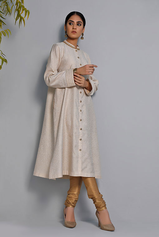 Off-White Embroidered Jacquard Sherwani-Style Tunic (2-Piece) - Image 1