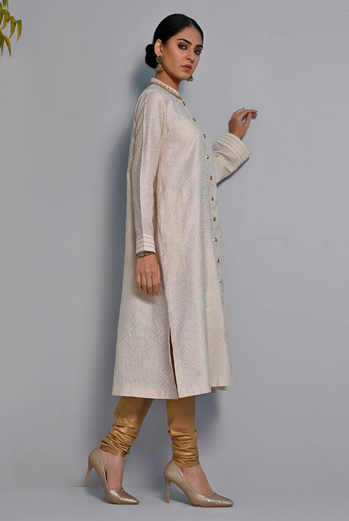 Off-White Embroidered Jacquard Sherwani-Style Tunic (2-Piece) - Image 3