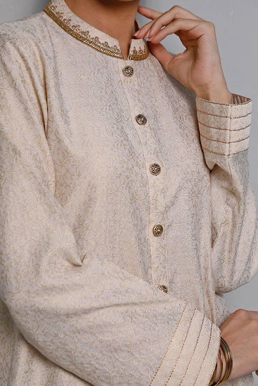 Off-White Embroidered Jacquard Sherwani-Style Tunic (2-Piece) - Image 4