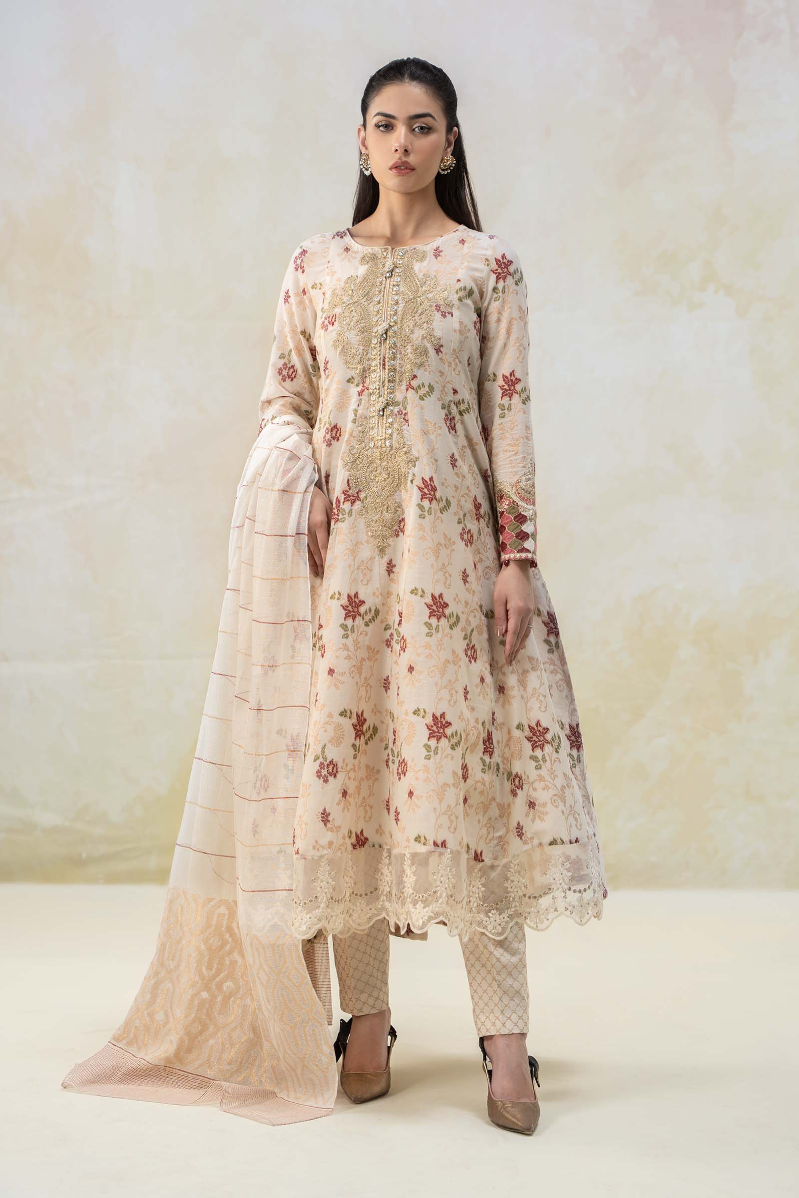 Off-White Embroidered Jacquard Long Frock (3-Piece) - Image 3