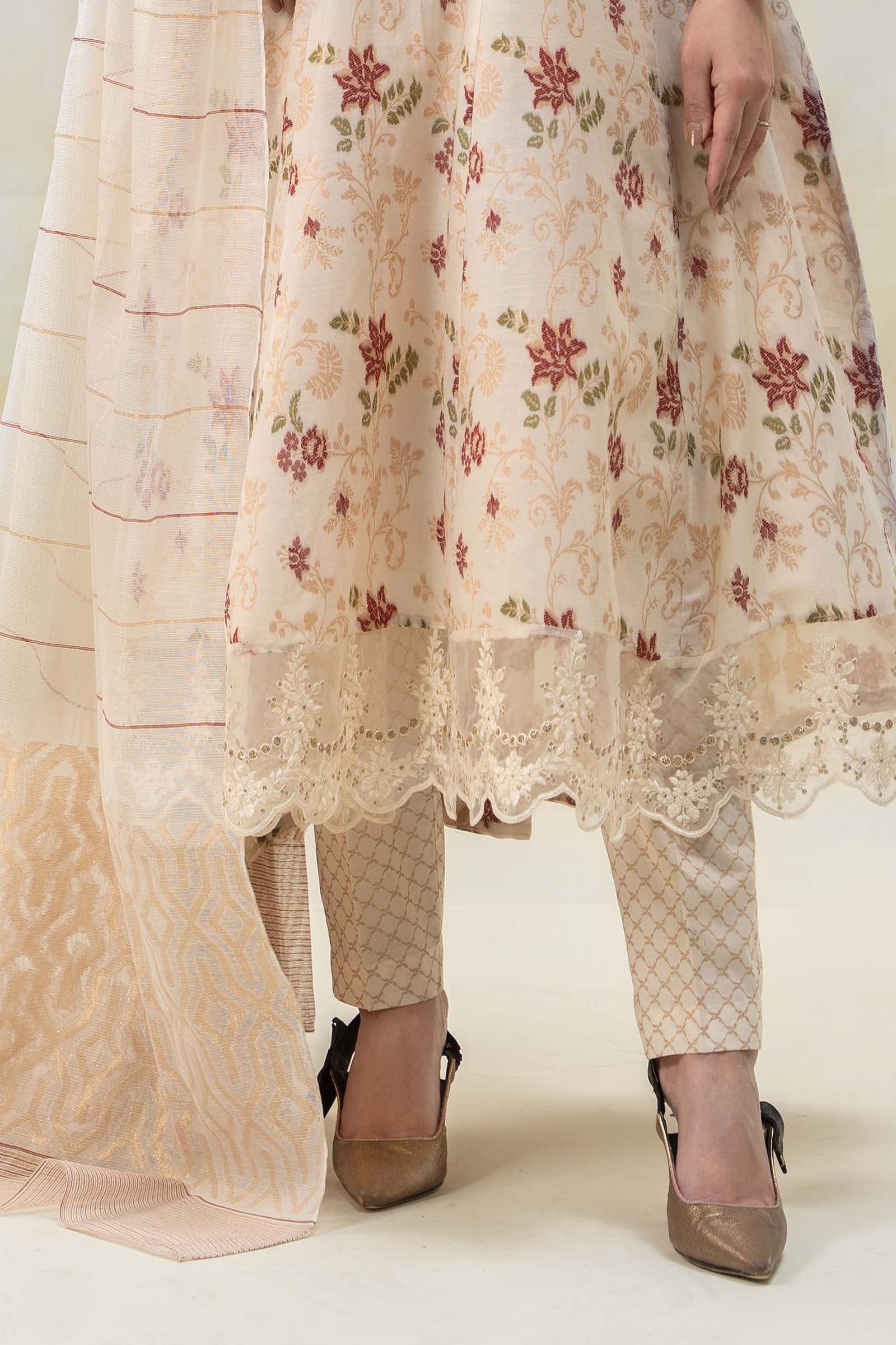 Off-White Embroidered Jacquard Long Frock (3-Piece) - Image 4