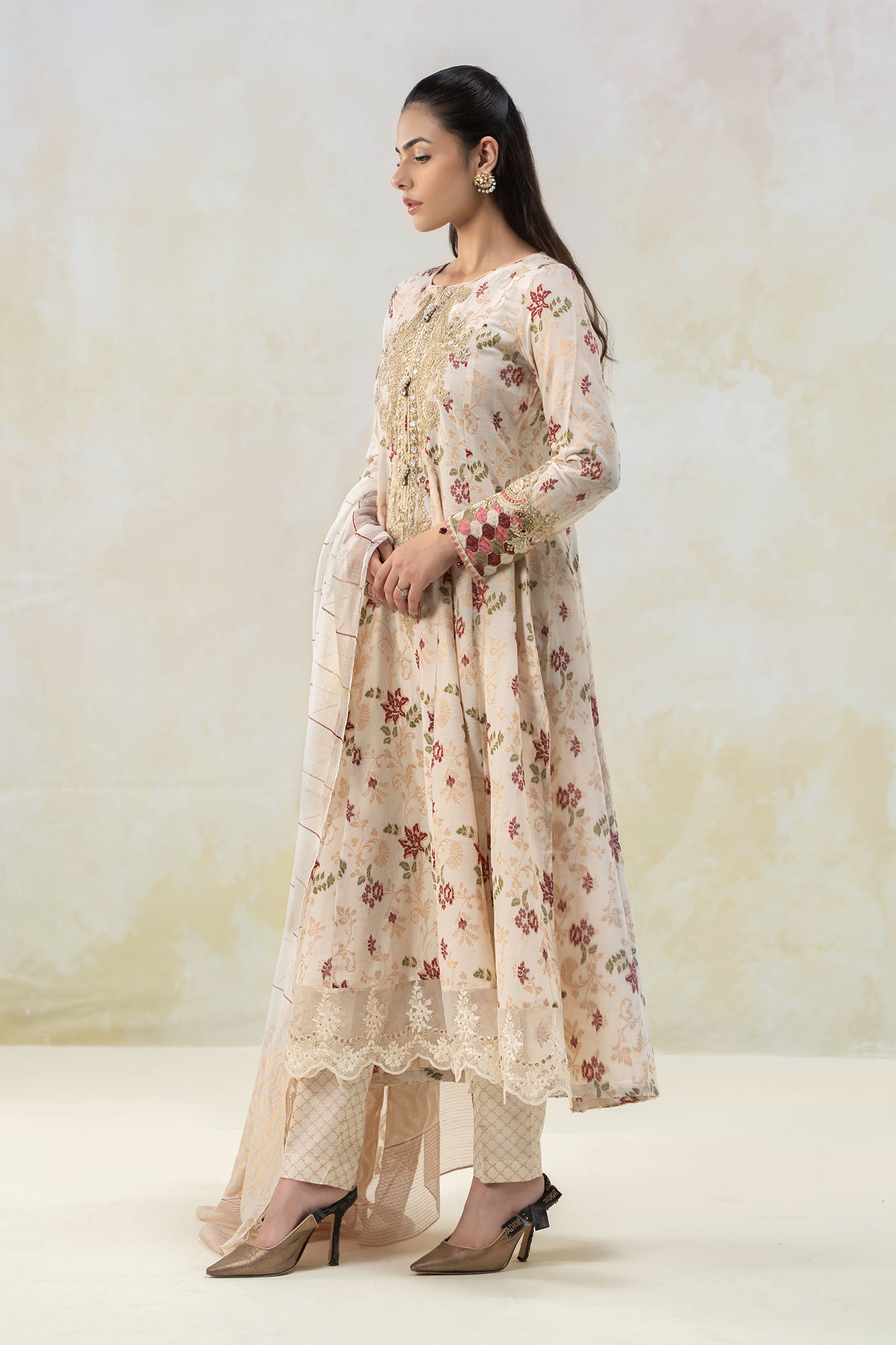 Off-White Embroidered Jacquard Long Frock (3-Piece) - Image 5