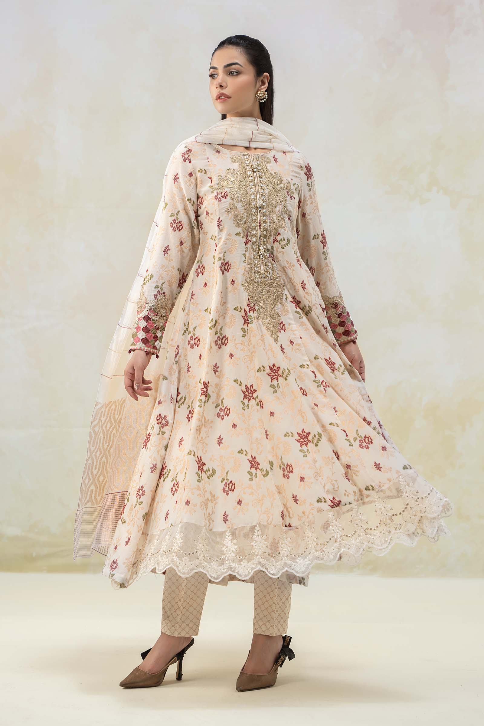 Off-White Embroidered Jacquard Long Frock (3-Piece) - Image 6