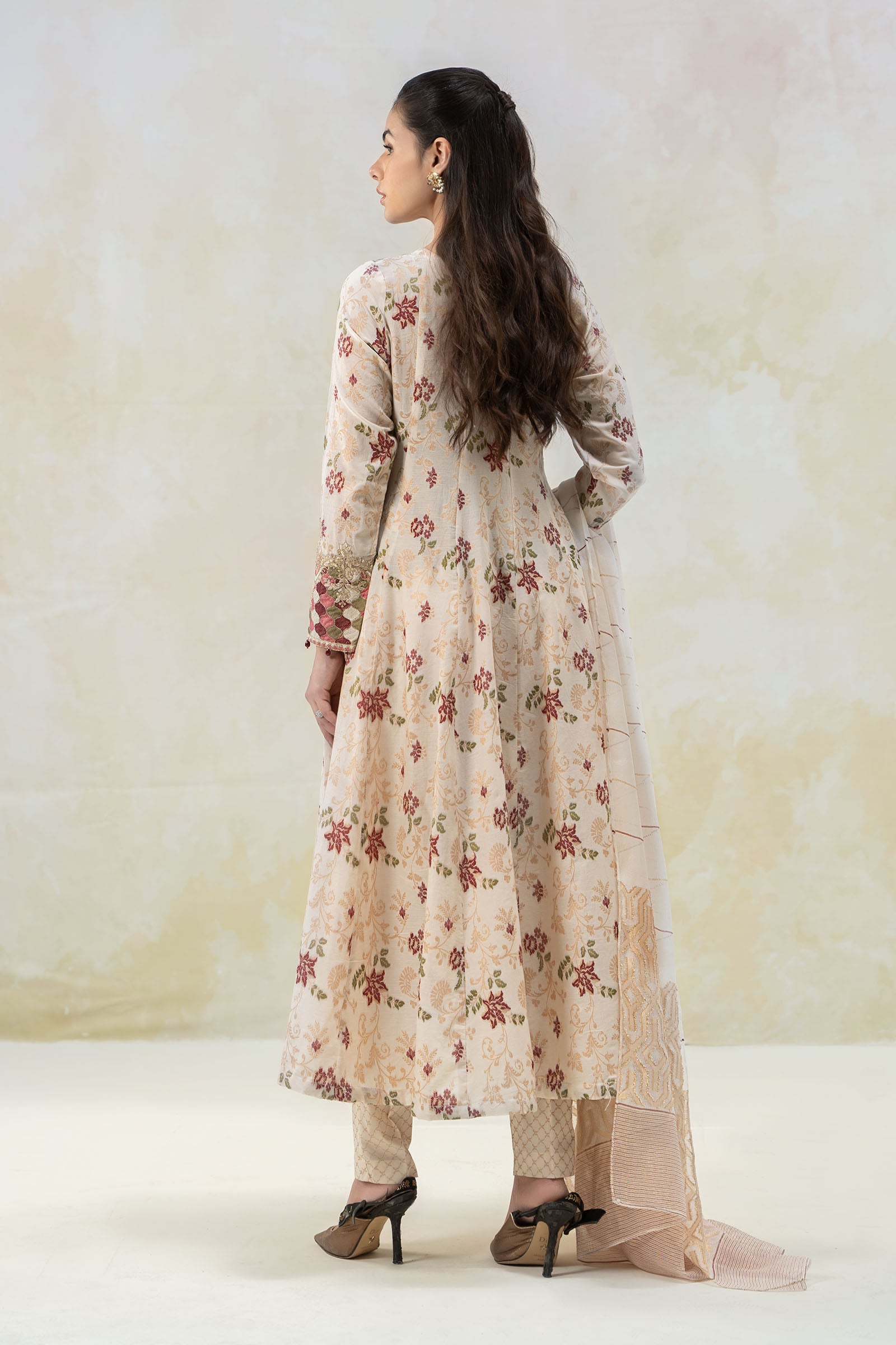 Off-White Embroidered Jacquard Long Frock (3-Piece) - Image 8