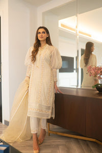 Pakistani Ivory Embroidered Jacquard Lawn Salwar Kameez (4-Piece) - Image 1