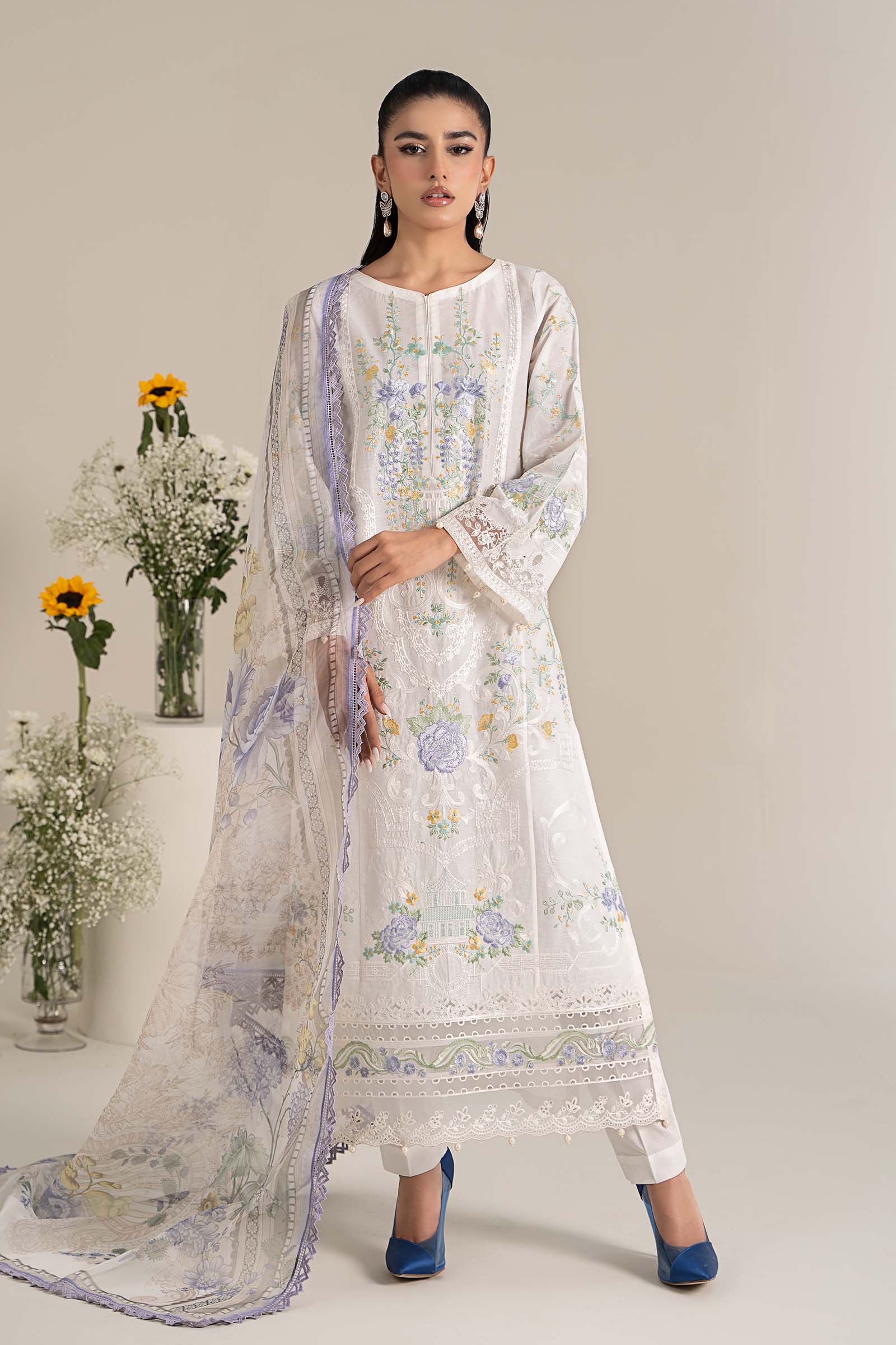 Pakistani Off White Embroidered Self Jacquard Lawn Suit (3-Piece) - Image 1